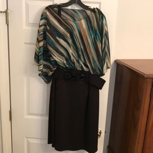 Plus size straight dress w/belt and sheer overlay